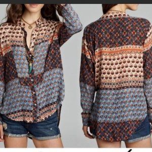 Free People Long Sleeve Printed Patchwork Blouse button down